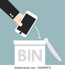 cartoon big hand throw the smartphone in the bin. vector illustration.