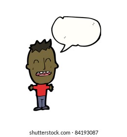 desenho animado cabeça grande menino com balão de fala