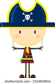 Cartoon Big Head Pirate Captain with Swords

