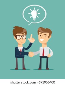 Cartoon big idea character shaking hand with a man. Stock vector illustration for poster, greeting card, website, ad, business presentation, advertisement design.