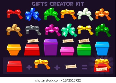 Cartoon Big kit different Box and ribbons bows for creator Gifts, vectors objects
