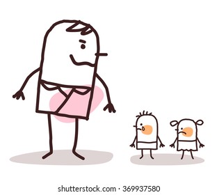 caricatura de un hombre grande contra dos niños pequeños 