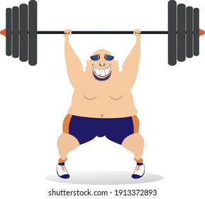 Cartoon big man a weightlifter illustration. Cartoon strong man trying to lift a heavy weight isolated on white
