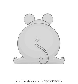 Cartoon big mouse from back. Cute animal butt with a tail isolated on white. Hand drawn vector design.