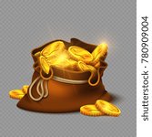Cartoon big old bag with gold coins isolated on transparent background. Gold money earning, treasure prize. Vector illustration