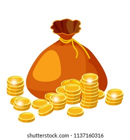 Cartoon big old bag with gold coins. Cash prize vector concept. Bag with golden coin, illustration of money, isolared on white background