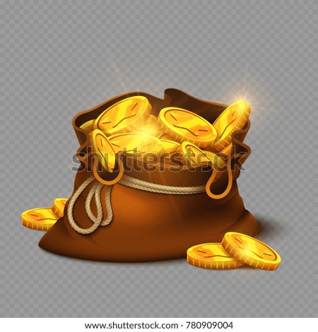 Cartoon big old bag with gold coins isolated on transparent background. Gold money earning, treasure prize. Vector illustration