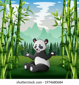 Cartoon big panda sitting in a green field