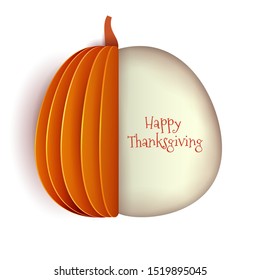 Cartoon big pumpkin shape in paper cut style. Concept background for thanksgiving day. Minimalistic vector design template for greeting card, cover, poster, banner.