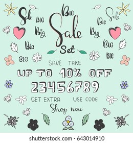 Cartoon Big Sale set. An easy way to make your own personal banner. Hand drawn vector set.