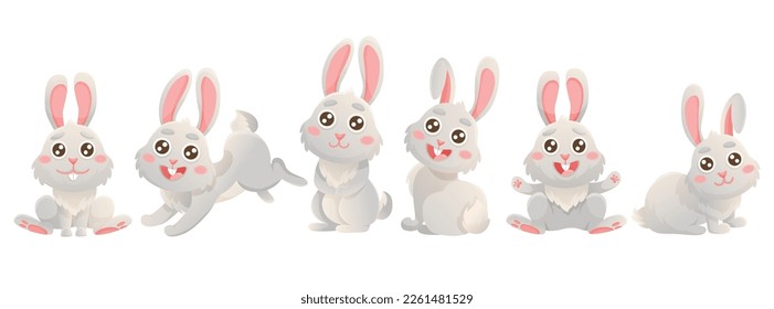 Cartoon big set of cute bunnies. Banner with vector illustrations. Vector grey bunny is sitting, jumping in cute poses