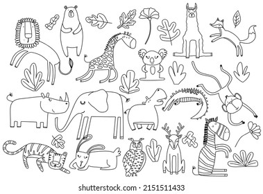 cartoon big set of cute doodle animals.