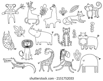 cartoon big set of cute doodle animals.