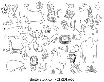 cartoon big set of cute doodle animals.