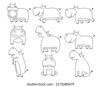 caricatura gran conjunto de lindos doodle hippotamus.