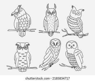 cartoon big set of cute doodle owl.