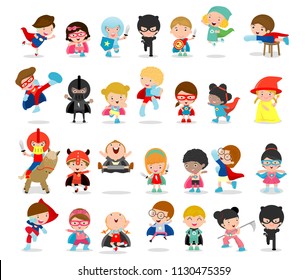 Cartoon Big Set Of Kid Superheroes Wearing Comics Costumes,Kids With Superhero Costumes Set, Kids In Superhero Costume Characters Isolated On White Background, Cute Little Superhero Children's 