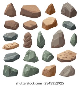 Cartoon big set of rock stones. Isometric 3D flat style stones and rocks. Different boulders set. Various shapes of cobblestones. Vector Illustration.