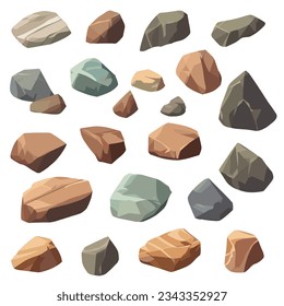 Cartoon big set of rock stones. Isometric 3D flat style stones and rocks. Different boulders set. Various shapes of cobblestones. Vector Illustration.