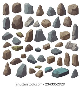 Cartoon big set of rock stones. Isometric 3D flat style stones and rocks. Different boulders set. Various shapes of cobblestones. Vector Illustration.