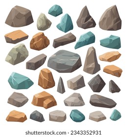 Cartoon big set of rock stones. Isometric 3D flat style stones and rocks. Different boulders set. Various shapes of cobblestones. Vector Illustration.