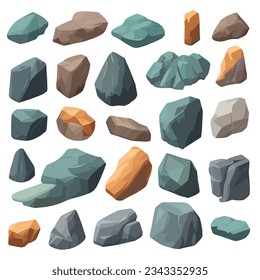 Cartoon big set of rock stones. Isometric 3D flat style stones and rocks. Different boulders set. Various shapes of cobblestones. Vector Illustration.