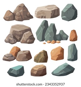 Cartoon big set of rock stones. Isometric 3D flat style stones and rocks. Different boulders set. Various shapes of cobblestones. Vector Illustration.