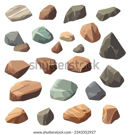 Cartoon big set of rock stones. Isometric 3D flat style stones and rocks. Different boulders set. Various shapes of cobblestones. Vector Illustration.