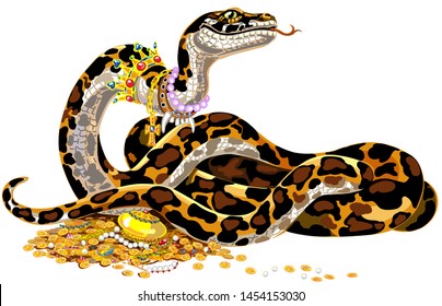 cartoon big snake guarding the treasure. Python Boa Constrictor wearing golden crown and pearl necklace laying on pile of gold coins and jewelry. Isolated vector illustration