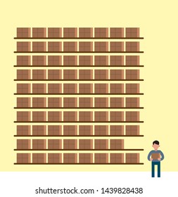 Cartoon of a big store warehouse with lot of boxes on shelves, little worker character is holding one box. Giant stock supply. Large storage place infographics elements, simple vector illustration. 