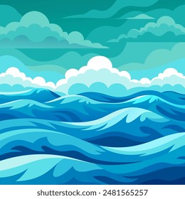 A cartoon of a big water body with waves and clouds in the sky