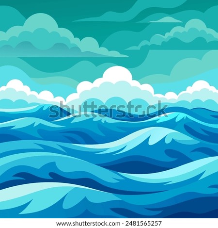 A cartoon of a big water body with waves and clouds in the sky