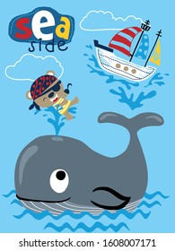 cartoon of big whale playing with funny pirate bear and sailboat in sea