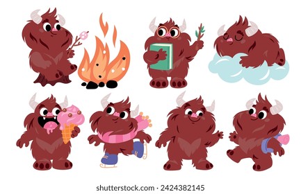 Cartoon bigfoot character. Funny mythical creature. Brown furry monster in different poses and situations. Sasquatch sleeping and eating ice cream. Yeti with bonfire