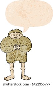 cartoon bigfoot with speech bubble in grunge distressed retro textured style