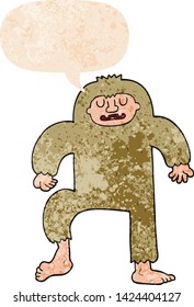 cartoon bigfoot with speech bubble in grunge distressed retro textured style