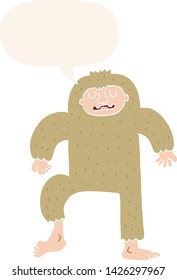 cartoon bigfoot with speech bubble in retro style