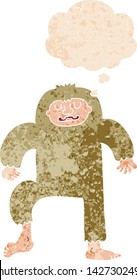 cartoon bigfoot with thought bubble in grunge distressed retro textured style