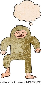 cartoon bigfoot with thought bubble in grunge texture style