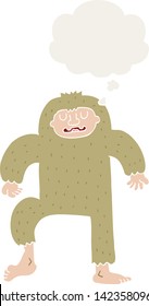 cartoon bigfoot with thought bubble in retro style