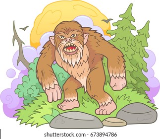 Cartoon bigfoot walks through the forest
