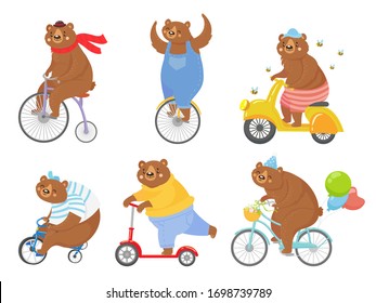 Cartoon Biked Bear. Bears On Children Tricycle, Unicycle And Retro Bicycle. Animal Riding Bike, Bicycles And Scooter Vector Illustration Set. Bear Animal Bike, Bicycle Transportation, Cycling Animal