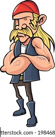 Cartoon biker with folded arms without his bike