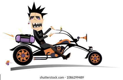 Cartoon biker man isolated. Comic man riding a bike with stereo system and singing a song isolated on white illustration 

