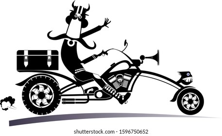 Cartoon biker man isolated illustration. Comic long mustache man riding a motorbike black on white
