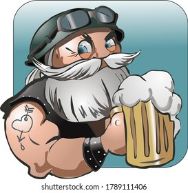 Cartoon biker with mug of beer. Vector illustration.