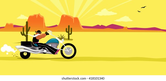 Cartoon biker riding a motorcycle, South Western USA landscape on the background, copy space left on the right, EPS 8 vector illustration, no transparencies