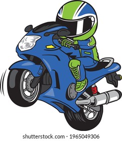 cartoon of biker Wheelies a Motorbike