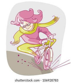 Cartoon of a biking girl in great hurry, on a cold day