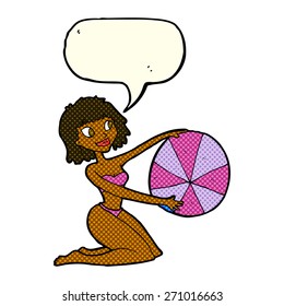 cartoon bikini girl with beach ball with speech bubble